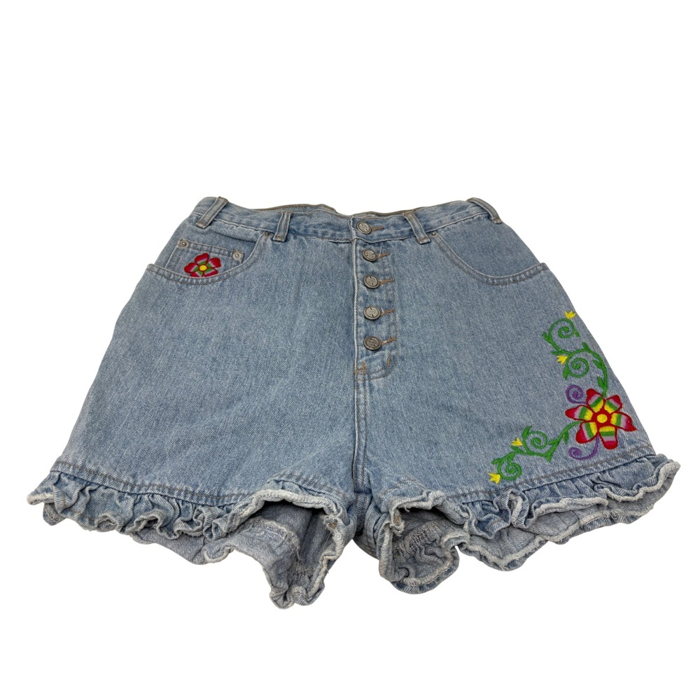 Vintage High‎ Waist Ruffle Denim Shorts Floral Embroidery Size 9/10 No Excuses